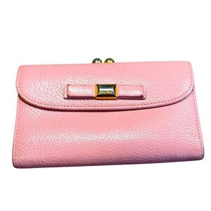 Miu Miu Ribbon Pink Leather Bi-fold Wallet with gold-toned clasp.